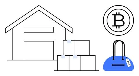 Warehouse structure with stacked boxes and Bitcoin symbol blue handbag with p Illustrazione stock