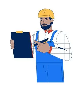 Warehouse supervisor black man with clipboard and pen 2D cartoon character Stock Illustration