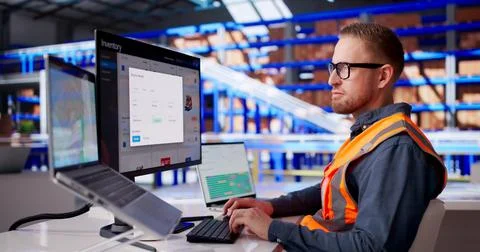 Warehouse Supervisor Monitors Digital System To Oversee Automated Logistics W Stock Photos