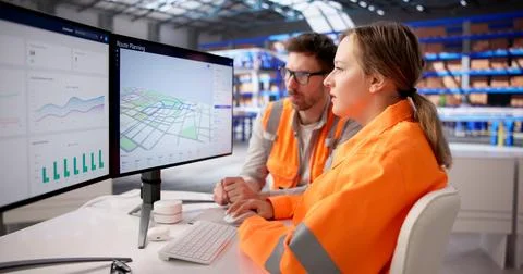 Warehouse Supervisor Monitors Screens To Optimize Delivery Routes And Logisti Foto stock