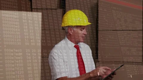 Warehouse supervisor tapping tablet, scanning inventory and showing hex data Stock Footage 329533664