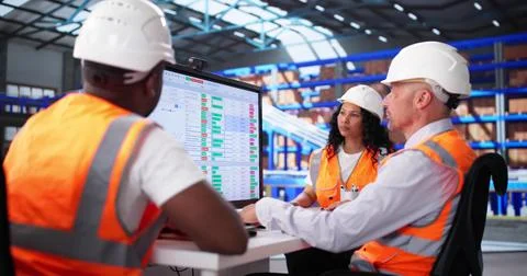 Warehouse Supervisor Updates Inventory Levels On Computer System In Warehouse Stock Photos