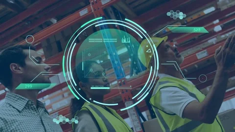 Warehouse team checking racks, HUD appearing, updating data as lead gesturing to Stock Footage 333220962