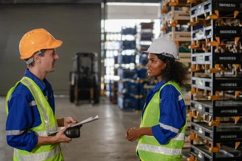 Warehouse team discussing work in a checking stock. Stock Photos