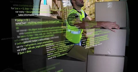 Warehouse team grabbing and stacking cartons for shipping as green code overlay Video stock 317260216