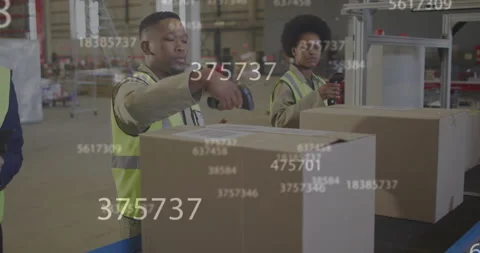 Warehouse team pulling scanner triggers generating floating barcode numbers for Stock Footage 312904720