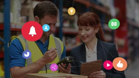 Warehouse team scanning box as lead checking list, scanner showing icons over Stock Footage 333833727