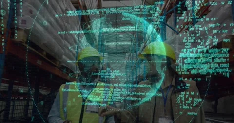 Warehouse team scanning shelves inventory data while activating digital globe Stock Footage 319851947