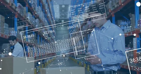 Warehouse tech tapping tablet, causing AR panels updating inventory while Stock Footage 331026117