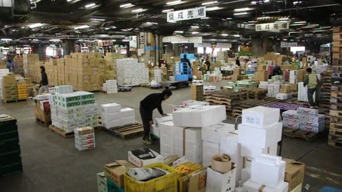 Warehouse in tokyo people pack work lot of boxes export forklift market Video stock 145731312