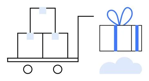 Warehouse Trolley with Boxes and Floating Gift Wrapped in Ribbon, Over Cloud Ilustração Stock