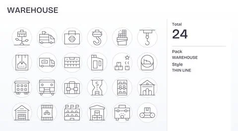 Warehouse Vector Graphics Pack including 24 Thin Line High Resolution Pixel.. Stock Illustration