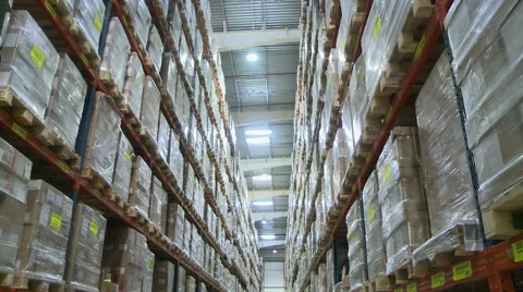 Warehouse. View on lot of shelves with boxes Video stock 67494311