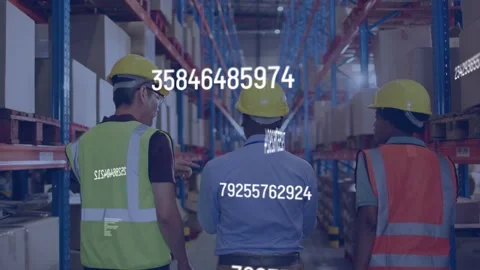 Warehouse walking aisle data emerging moving over them left pointing lead Stock Footage 334788792