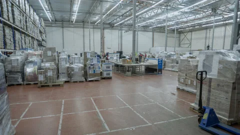 Warehouse wide angle shot . Motion time lapse. UHD 4K Stock Footage 120515321