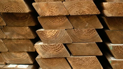 Warehouse wooden logs with processing. Panorama of background of shelves of wood Stock Footage 98308673