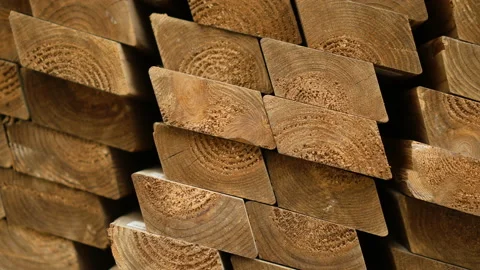 Warehouse wooden logs with processing. Rotation of background of shelves of wood Stock Footage 98310762