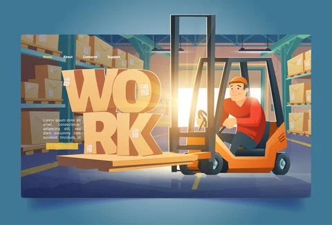 Warehouse work banner with man in forklift Stock Illustration