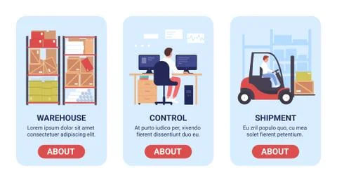 Warehouse work vector illustration banner set with storage, control of loading Stock Illustration