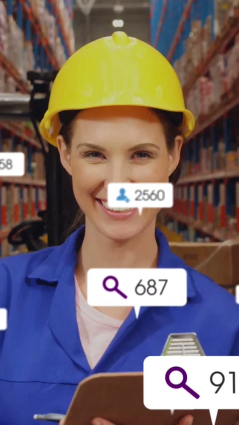 Warehouse worker in aisle, data feed showing floating metrics covering clipboard Stock Footage 333835980
