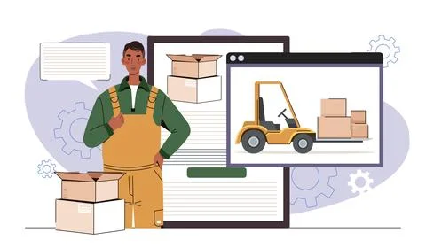 Warehouse worker and forklift concept. Vector illustration Stock Illustration