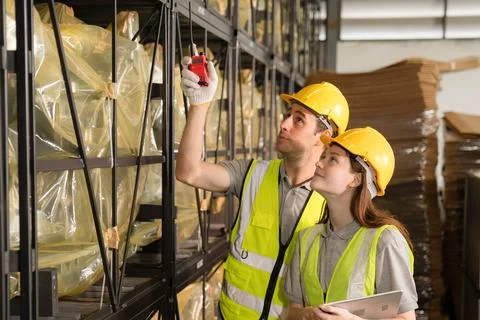 Warehouse worker and managers check stock. Stock Photos