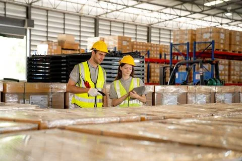 Warehouse worker and managers check stock Foto stock