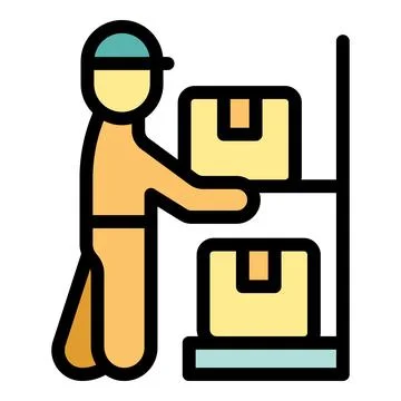 Warehouse worker arranging cardboard boxes on metal shelves 스톡 일러스트