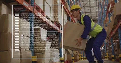 Warehouse worker bending and lifting box triggers AR overlay scanning data for Stock Footage 329711162