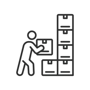 Warehouse worker with boxes, icon in line design. Warehouse, worker, boxes Stock-Illustration