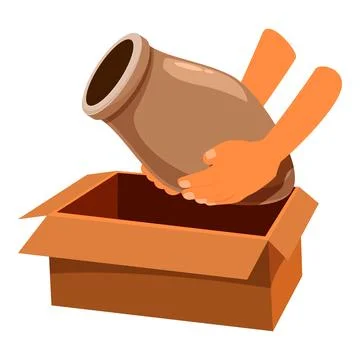 Warehouse worker carefully placing large ceramic vase inside cardboard box Stock Illustration
