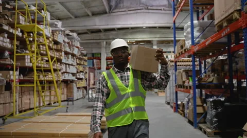 Warehouse Worker Carrying Box Through Storage Facility Stock Footage 294264683