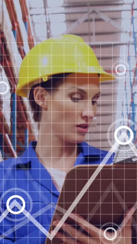 Warehouse worker checking clipboard, activating data charts over torso, scanning Stock Footage 334598615