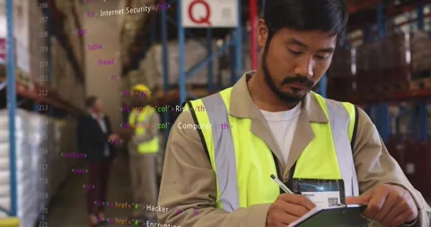 Warehouse worker checking clipboard, scanning QR badge while code overlay Stock Footage 329470814