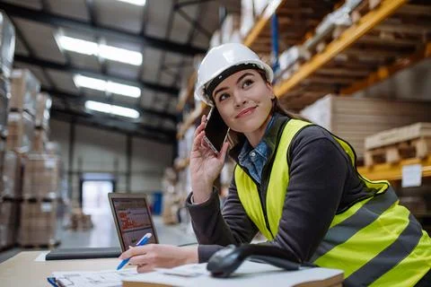 Warehouse worker checking delivery, stock in warehouse on computer, pc, while Stock Photos