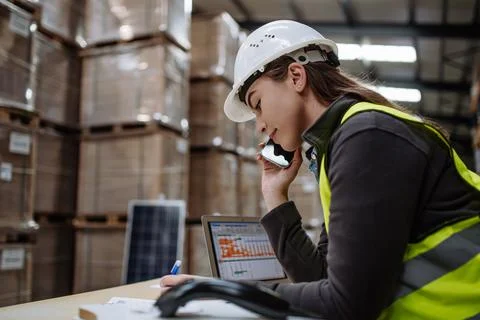 Warehouse worker checking delivery, stock in warehouse on computer, pc, while Foto stock