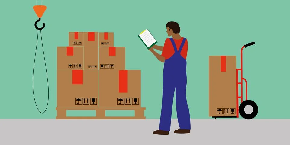 Warehouse worker checking goods in boxes. Stock taking job. Stock Illustration