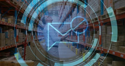 Warehouse worker checking inventory with digital data processing animation Stock Footage 304842590