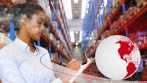 Warehouse worker checking inventory with digital globe and data overlay Stock Footage 305057948