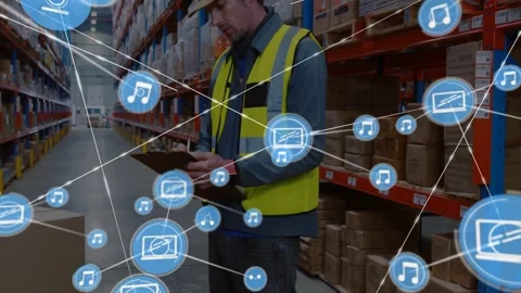 Warehouse worker checking inventory, digital media icons animation over shelves Stock Footage 330591286