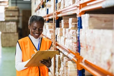 Warehouse worker checking inventory list in lumberyard Stock-Fotos