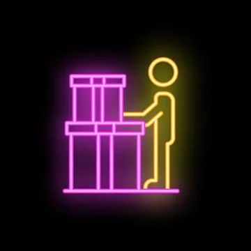 Warehouse worker checking inventory next to pile of boxes neon sign Stockillustratie