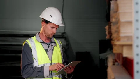 Warehouse Worker Checking Inventory on Storage Rack With Tablet. Stock Footage 345012831
