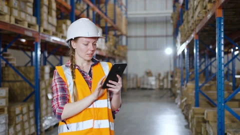 Warehouse worker checking the package using a tablet in distribution warehouse Stock Footage 163348060