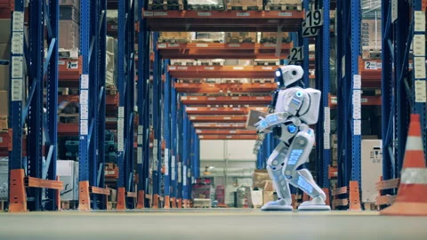 Warehouse worker checking robot tasks 库存影片 142590538