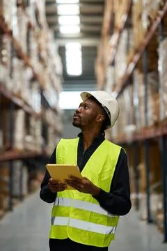Warehouse worker checking stock with digital tablet and looking up at shelves Stock Photos