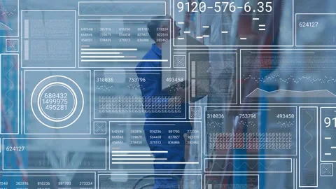 Warehouse worker is climbing ladder in 3D render and scanning shelves with Stock Footage 332686012