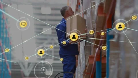 Warehouse worker climbing ladder triggers node network overlaying shelves for Stock Footage 320089132