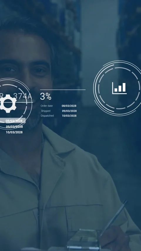 Warehouse worker with clipboard, data processing animation over inventory Stock Footage 343028554
