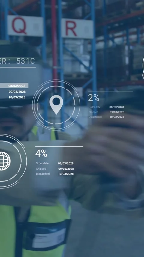 Warehouse worker with data processing animation over industrial background Stock Footage 342915971